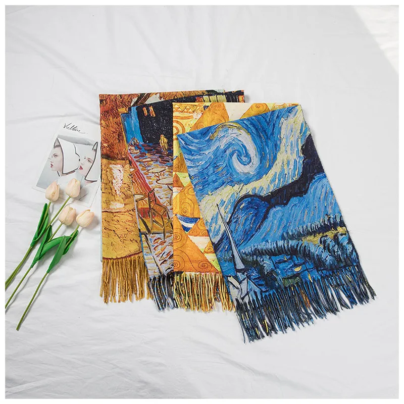 Bufanda de cachemira con pintura al óleo de Van Gogh para mujer, jarrón de girasol, borla, Pashmina, manta, chales, Foulard de diseño de moda,