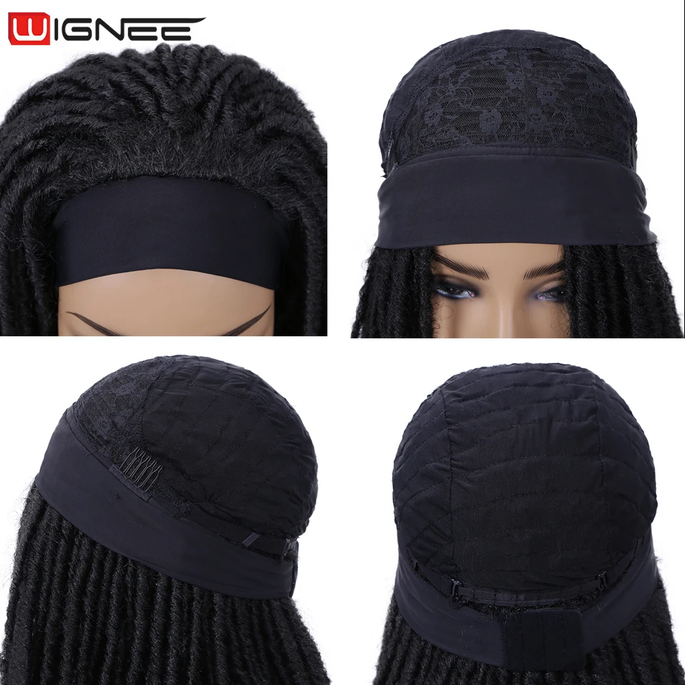 Wignee-peluca larga de rastas para mujeres y hombres, cabello sintético, diadema, trenza de ganchillo, resistente al calor, Color negro, diario