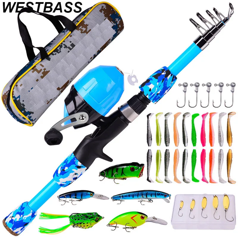 WESTBASS 1.2-1.5-1.8m Children Fishing Rod and Spincast Reel Combo With Fishing Line（40m）Fishing Lures Full Kits for Boys Girls