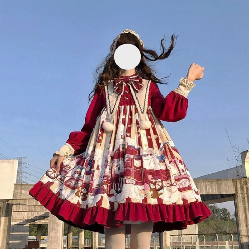 Robe Lolita à manches longues pour filles, tenue de princesse, Vintage, avec nœud, pour noël, nouvel an, japonais