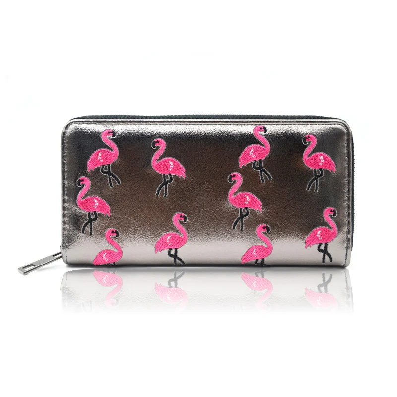 Long Purse Women Black Flamingo Embroidery Wallet Girl Solid Female Purses Coin Credit Card Holder Lady Clutch Bag