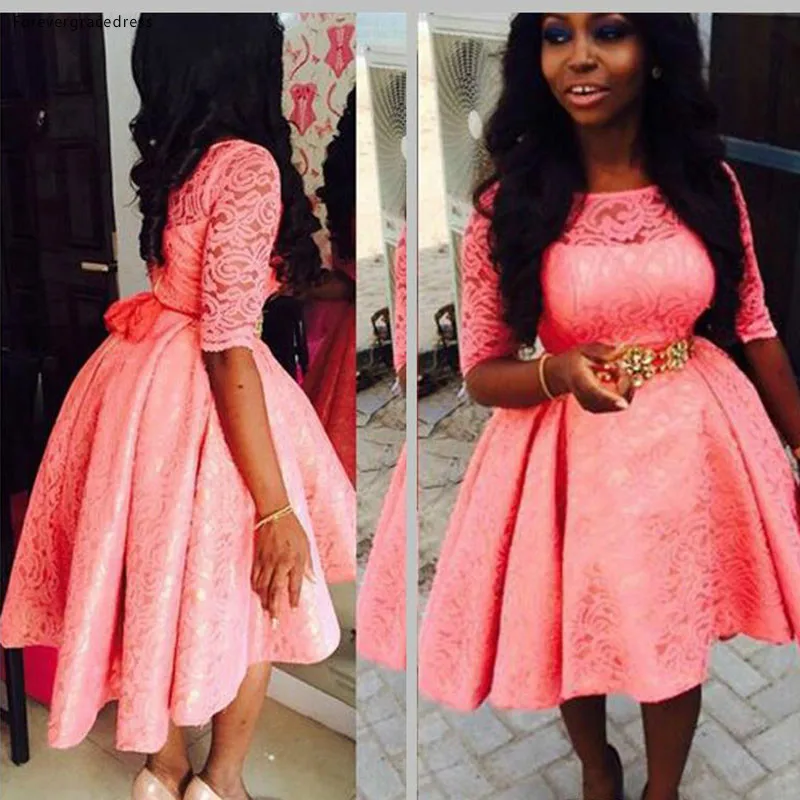 Coral Lace Short Prom Dress South African Black Girl A Line Half Sleeve Formal Evening Party Gown Custom Made Plus Size