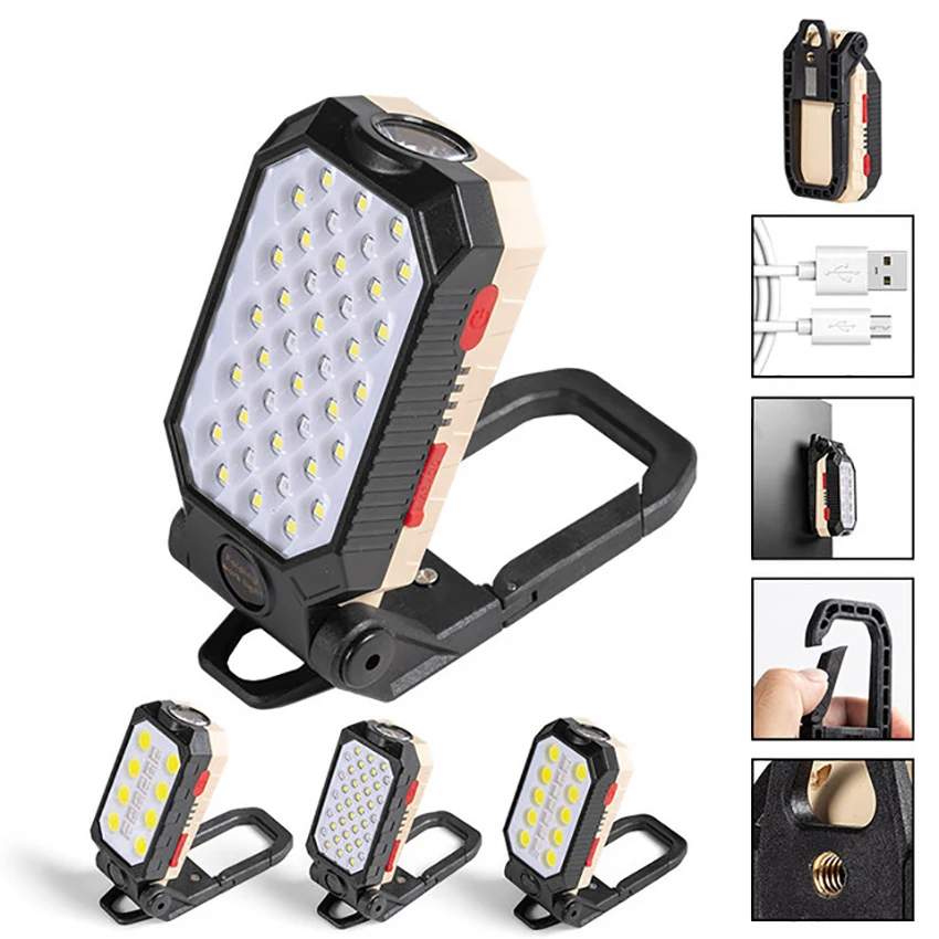 Luz de trabajo recargable COB, linterna LED plegable con imán y gancho, pantalla de batería, luz de inspección de emergencia, 4 modos