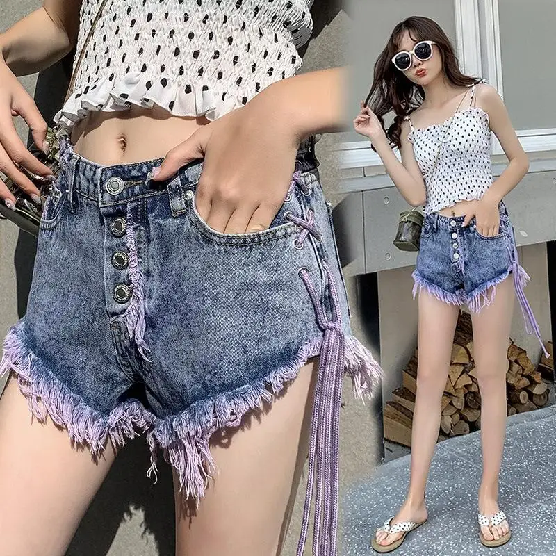 women's shorts hot pants summer new fat MM raw edge denim shorts loose and thin side band wide leg pants