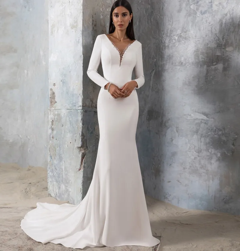 

Mermaid Wedding Dress 2022 Beads Bridal Gowns Long Sleeves V Neck Open Back Sweep Train Vestidos Noiva