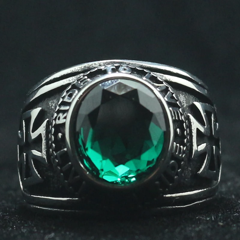 Rider Motorcycle Style Unisex 316L Stainless Steel Cool Ride To Live, Live To Live Cross Green Stone Classic Biker Ring