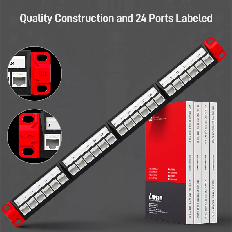 AMPCOM (UL Listed) CAT5e/6 24 Port Tool-Less Keystone RJ45 Patch Panel, Rack Mount - 1U, 19 inch, RJ45 568A/B, 50u Gold Plated