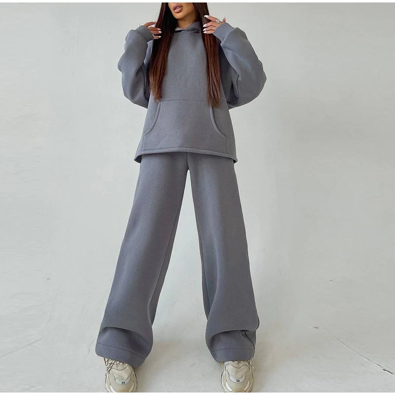 Women Elegant Solid Color Fleece Two Piece Sets Oversized Warm Hoodies and Long Pant Sports Suit Autumn Winter Tracksuit 2023