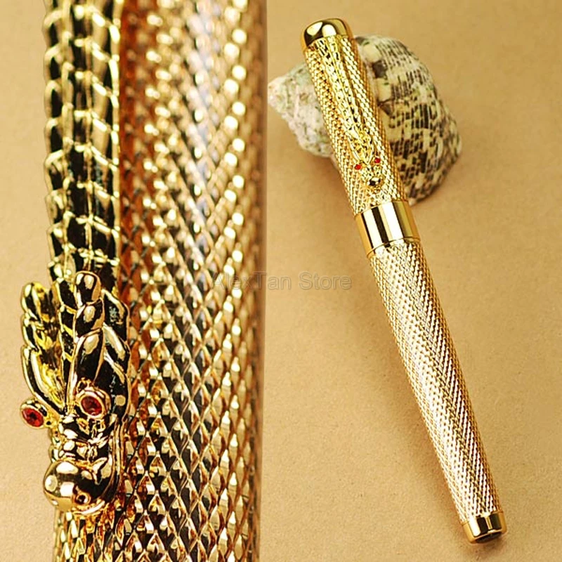 Jinhao 1200 Vintage Unique Fountain Pen Beautiful Ripple with Dragon Clip, Golden Metal Carving Ink Pens Gift Collection