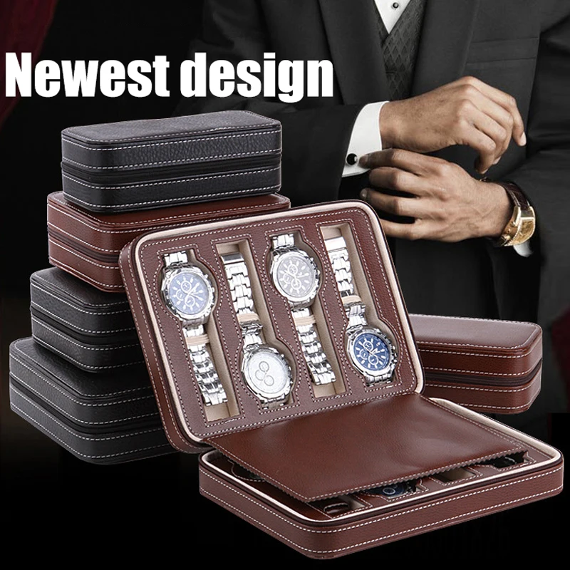 Sight Focus 2 4 8 Grids Travel Watch Organizer Box Zipper PU Leather Watch Case Protable Storage Wristwatch Holder Black coffee