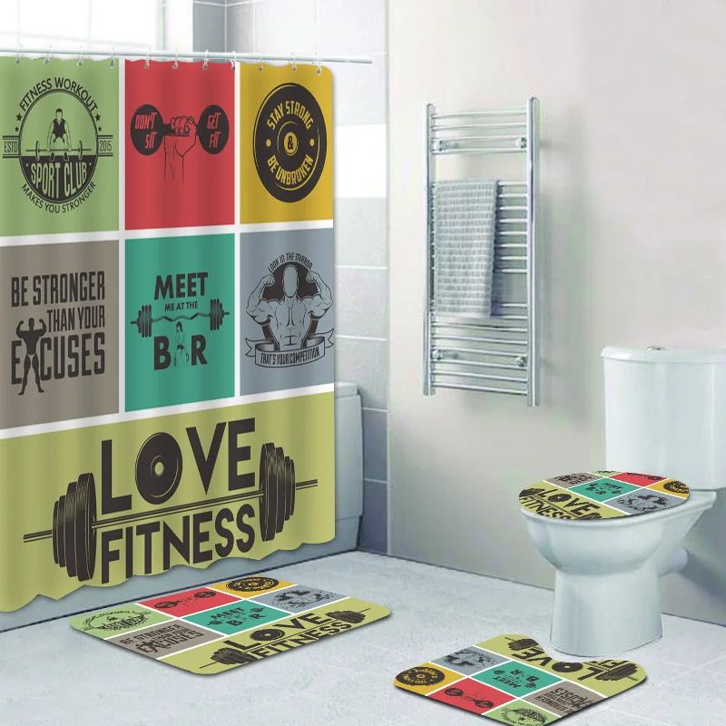 Funny Love Fitness Shower Curtain Set for Bathroom Gym Workout Bathroom Curtain Bath Mats Rugs Toilet Bodybuilding Trainer Decor