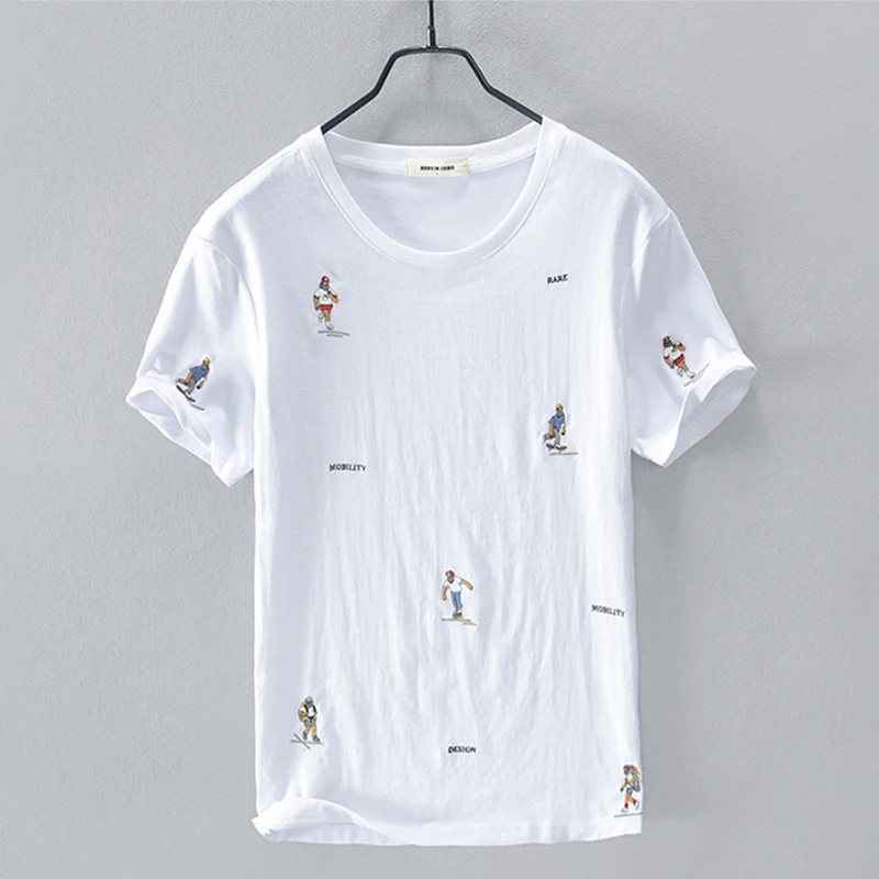 Cartoon embroidery stitching short-sleeved linen t-shirt men brand fashion white t shirt for men casual breathable tshirt mens