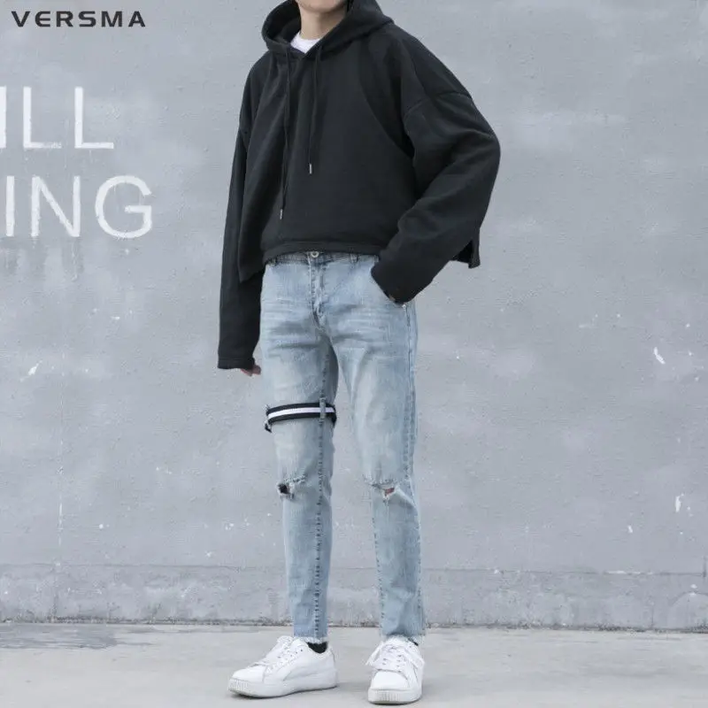 

VERSMA Hip Hop Streetwear Ripped Skinny Jeans Men BF Punk Pants Blue Denim Moto Patch Rock Male Jeans Pants for Men Dropshipping