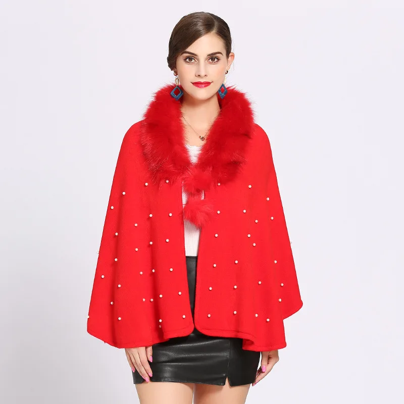 

Winter Cape Coat For Women Cloak Loose Shawl Imitation Fox Fur Collar Cashmere Poncho Mujer Black Cloak with Pearls