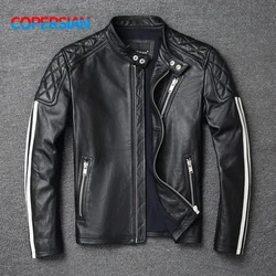 2021 New fashion Men Leather Jacket 100% Genuine Cowhide Coat White Stripes Cool Biker Slim Short Autumn Leather Clothing.