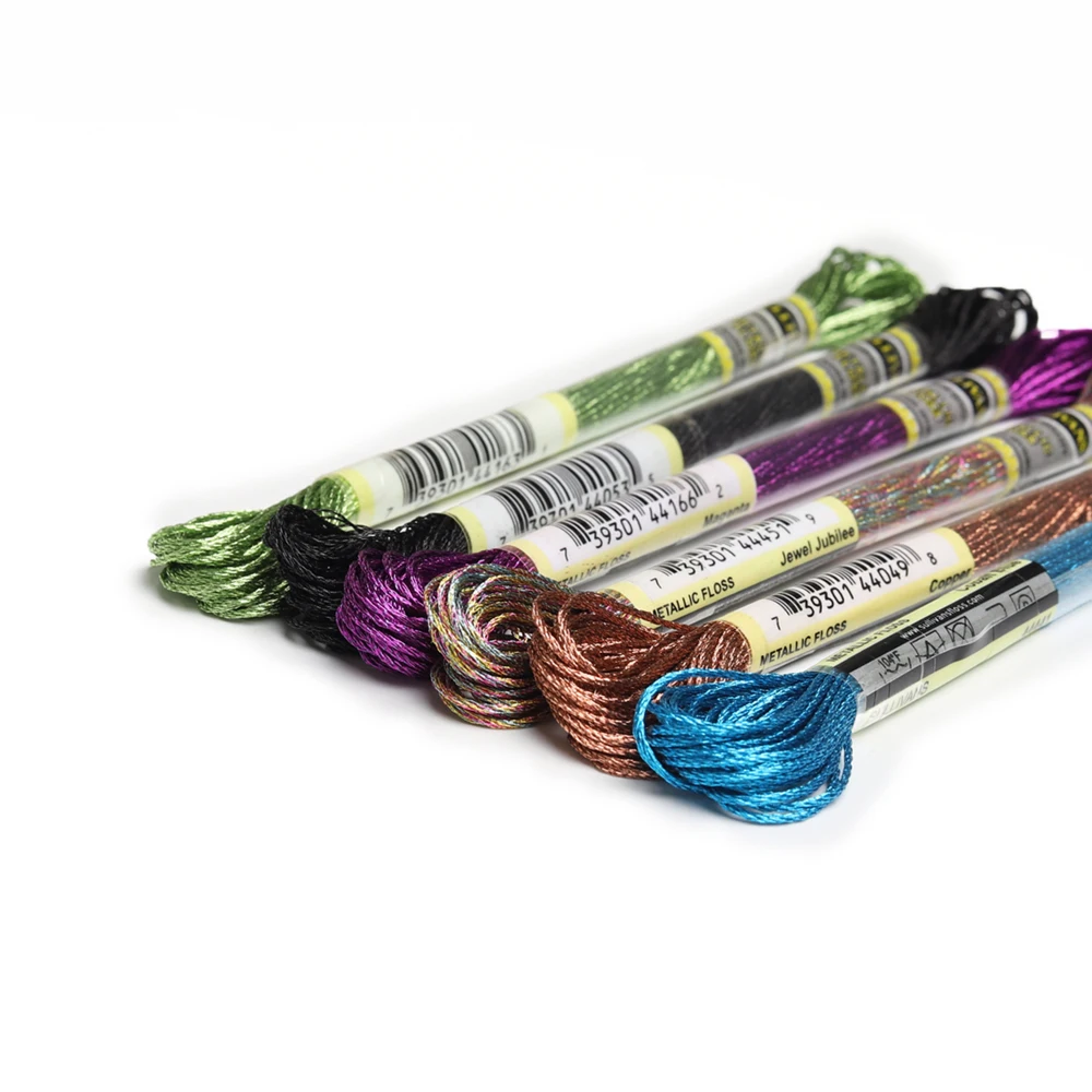 Light Effects Floss Pack, 6 Strands, High Sheen Colors, Metallic Embroidery, Cross Stitch Thread, 8m