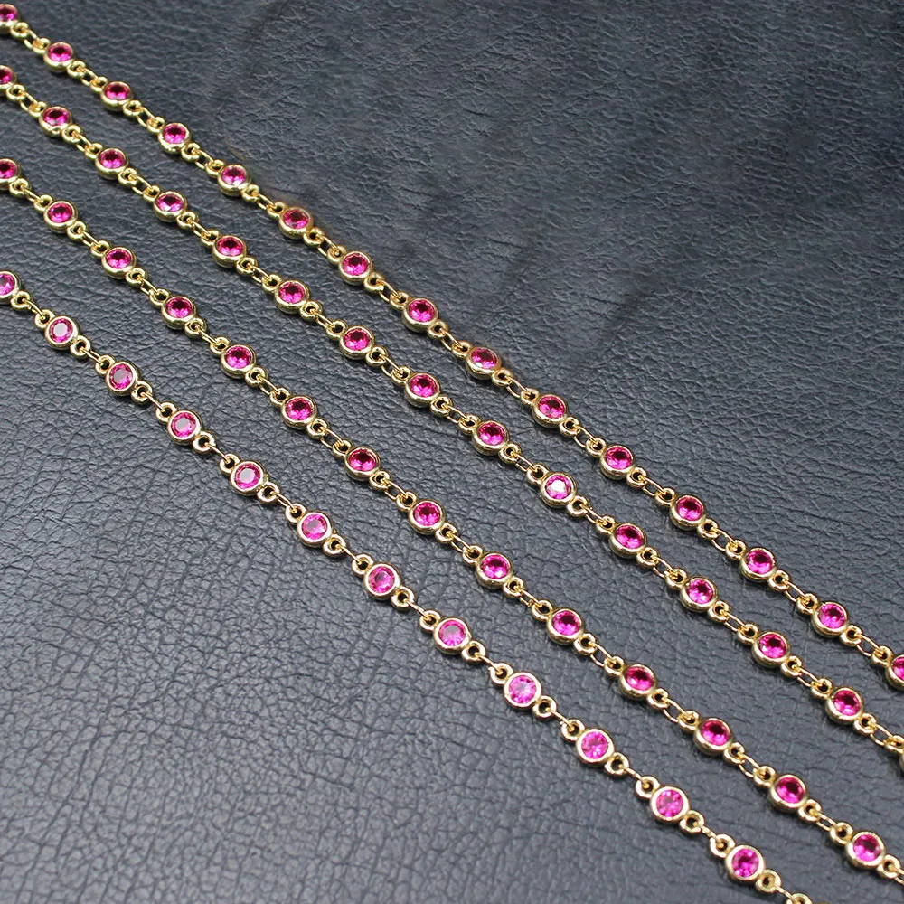 1 Meter Bezel Set 4mm Rose Red CZ Yellow Gold Plated Copper Fashion Chain Paperclip Neck Chain Pearl Jewelry Making DIY