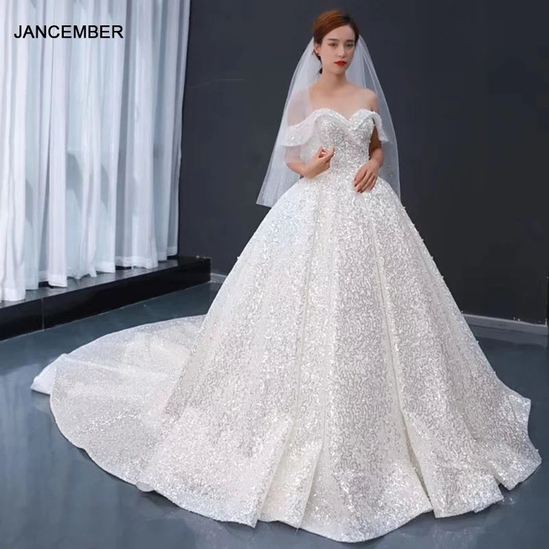 

J66942 Jancember Sparkly Princess Wedding Dress Sweetheart Off The Shoulder Sequined Retail Store Vestidos De Noiva 2021