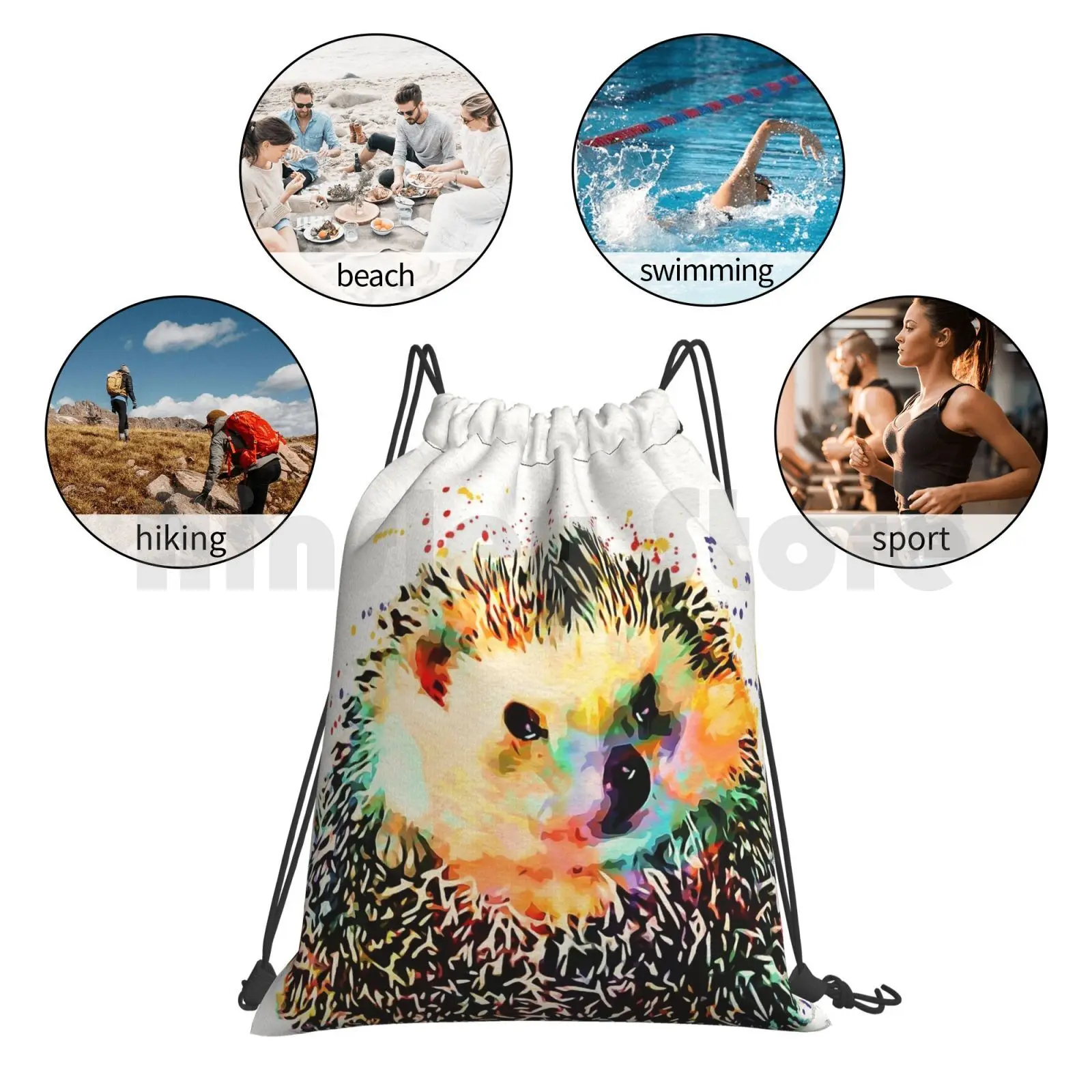 Забавный рюкзак с изображением ежика, сумки на шнурке, спортивная сумка, водонепроницаемая сумка с изображением ежика для детской комнаты, акварельные животные, детские красные, синие, зеленые