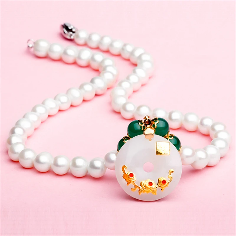 HABITOO Luxury 999 Gold Flower Inlay White Jade Peace Buckle Pendant 7-8mm White Freshwater Pearl Necklace for Women Jewelry