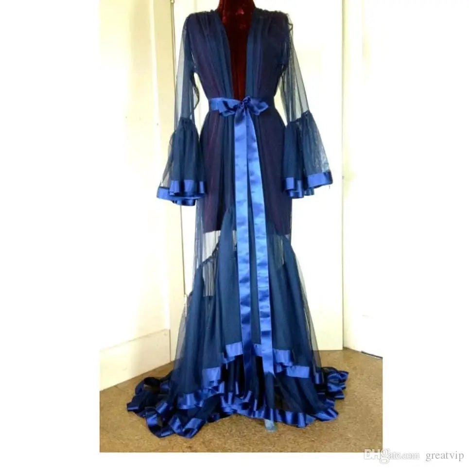 Royal Blue Long Women Night Robe Bathrobe Tulle Pyjamas Bridal Party Bride Bridesmaid Robes Nightgowns Lingeries Wedding Gifts