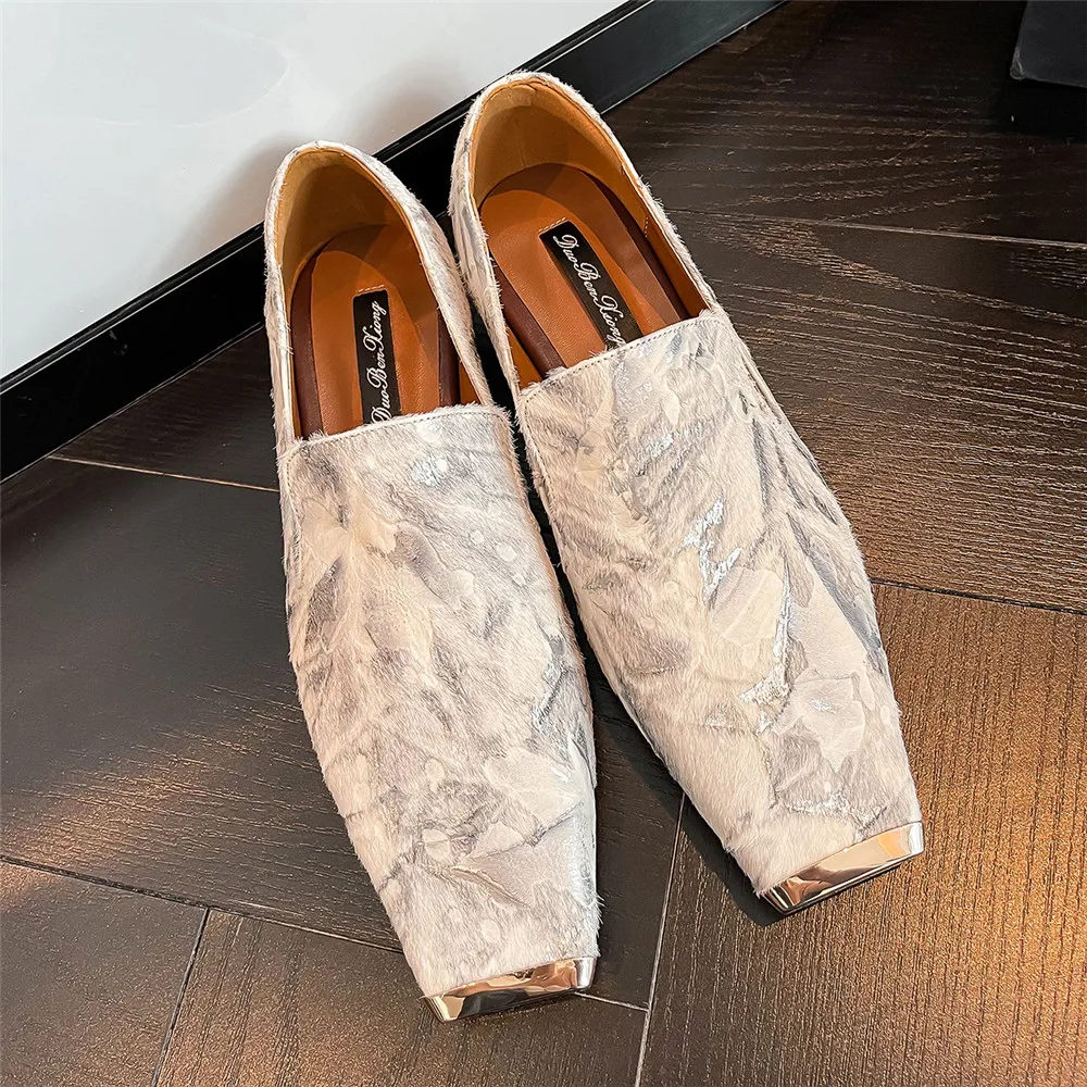 MILI-MIYA Fashion Metal Cover Square Toe Women Horse Hair Flats Slip On Low Thick Heels New Arrival Street Shoes Plus Size 34-43