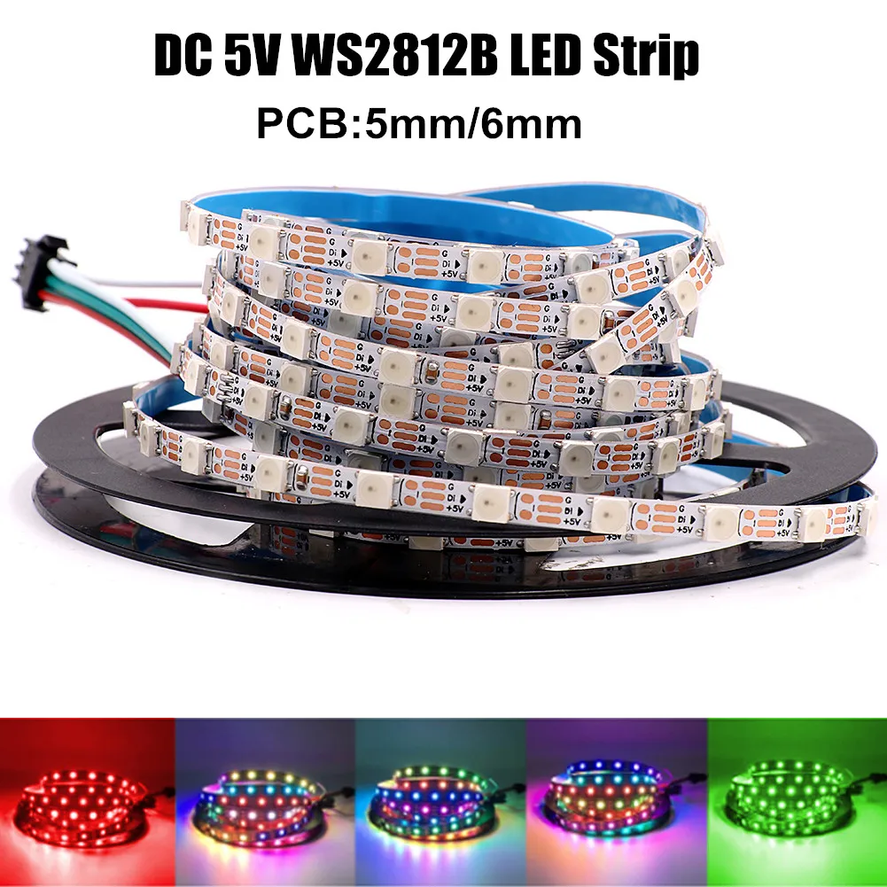 WS2812B Led Strip Fullcolor 30 60LEDs/m 5mm 6mm White PCB S Shape Individually Addressable Pixel SMD 5050 RGB LED Light DC 5V