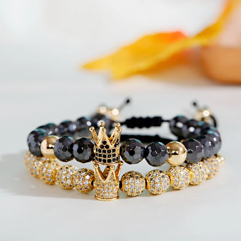Luxury King Crown Beads Bracelet Set For Men Classic Black Hematit 8mm Ball Copper Bracelets&Bangles Women Jewelry
