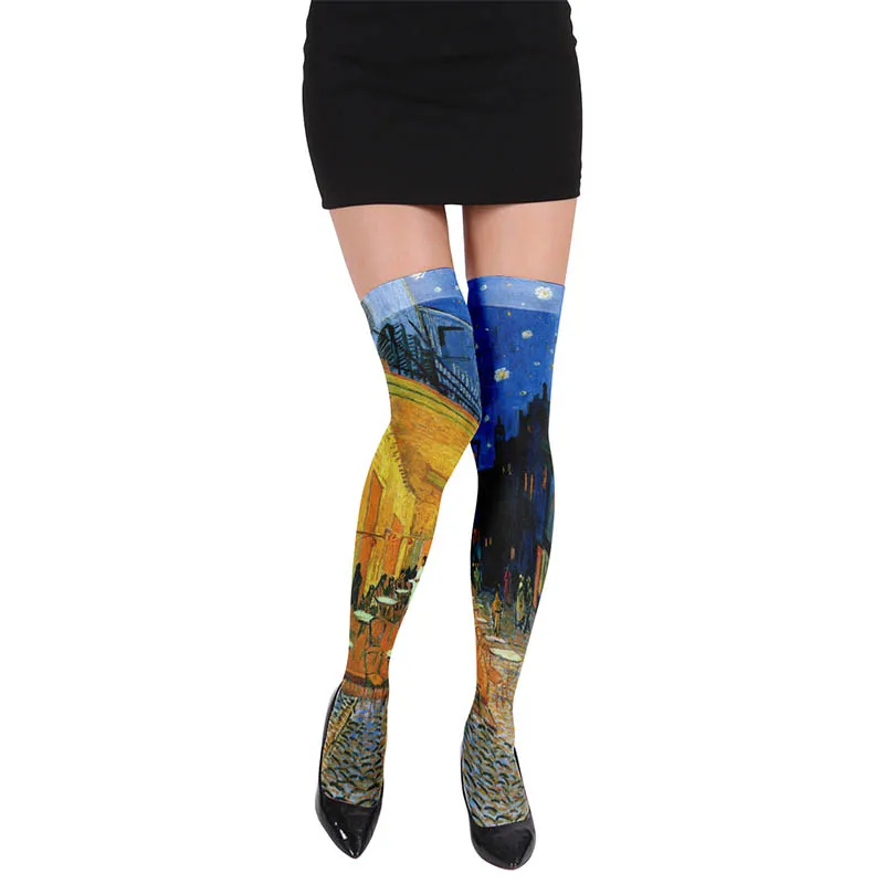 New Oil Painting Printed Long Socks Women Thigh High Socks Over The Knee Stockings Japanese Lolita Knee High Socks For Girls