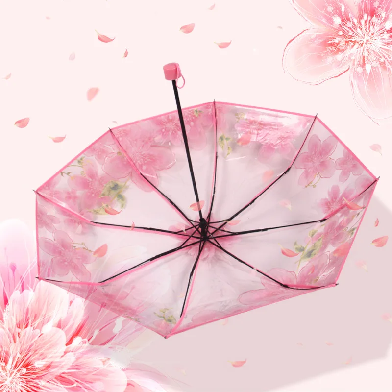 Thicken Transparent Three Fold Cherry Blossom Rain Umbrella Plastic PVC Clear Falbala Waterproof Umbrellas Women parapluie