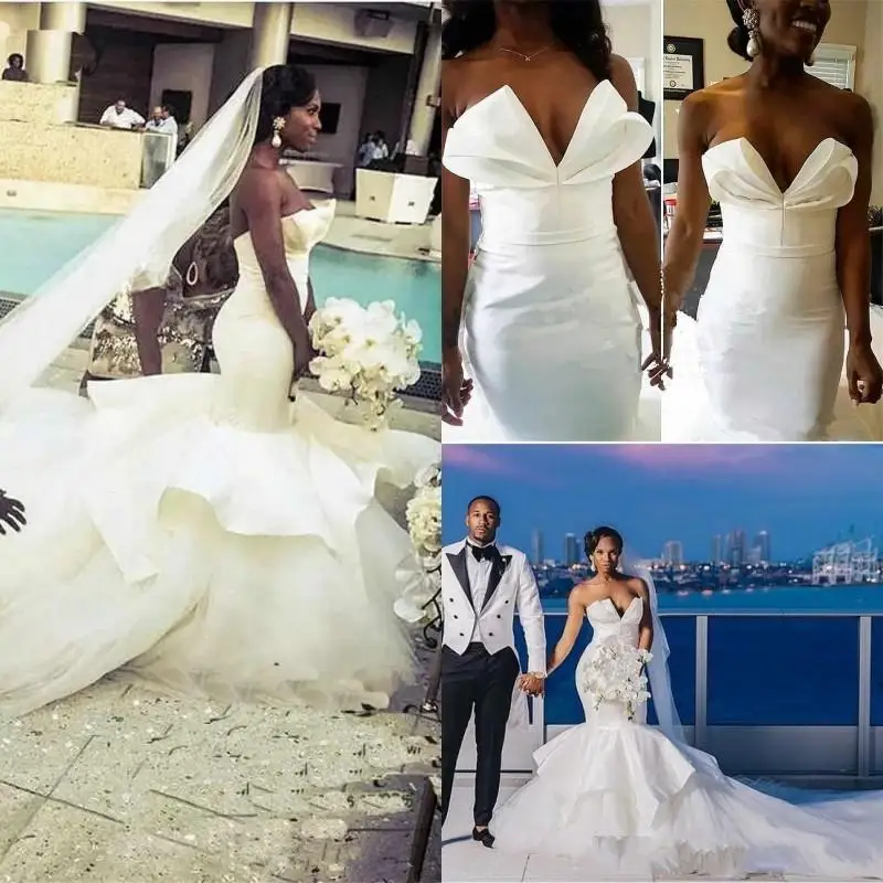 Personalizado design árabe sereia vestidos de casamento africanos trem catedral plus size babados tule nigeria trompete vestidos de noiva ve