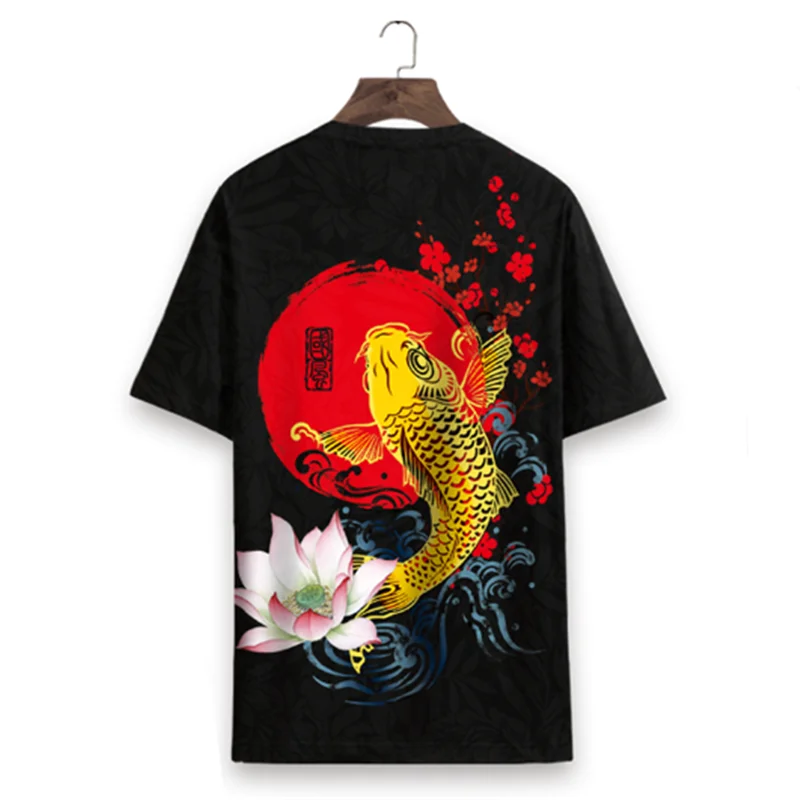 

New Summer Men's Casual Short-Sleeved T-Shirt Carp Pattern Chinese Style Brand Printing Round Neck Large Size T-Shirt Soft S-6XL
