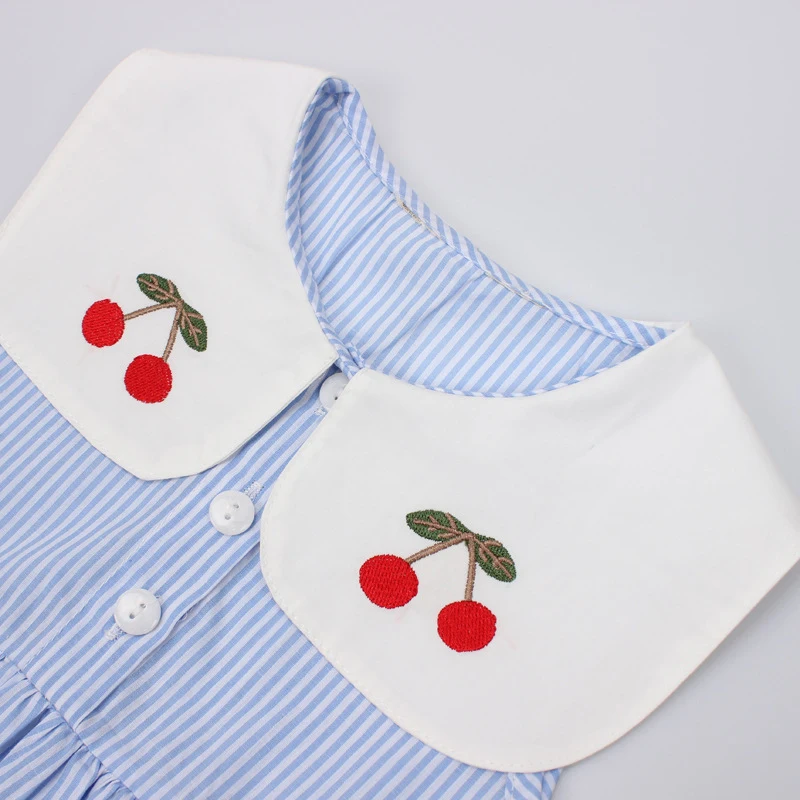 New Summer Embroidery Cherry Turn-down Collar Sleeveless Striped Dress Cotton Infant Princess Dress Toddler Girls Clothes