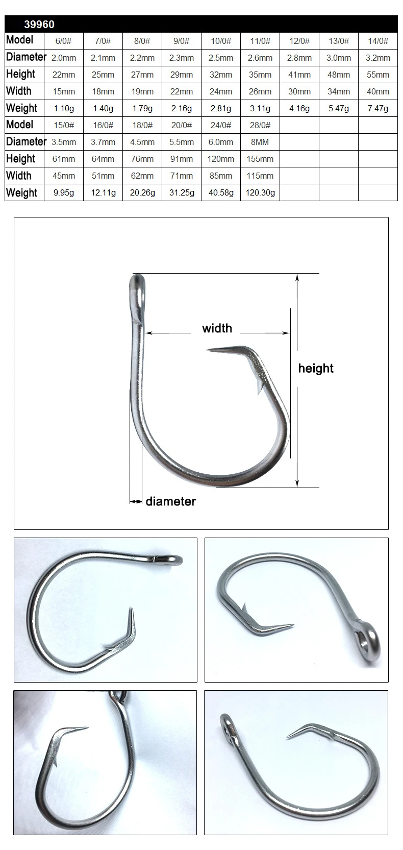 39960 6/0 - 28/0 Stainless Steel Circle Fishing Hook Chemically Sharpened Sea Demon Jig Big Tuna Hook