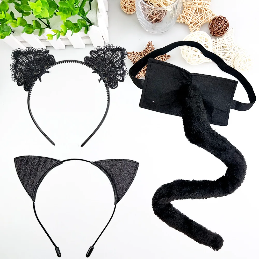 Women Girl Boys Anime Black Fox Cat Headband Ear 65cm plush Lolita Tail  Housekeeper Waitress Maid Set Cosplay funny Costume