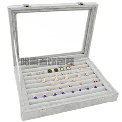 Valise en velours gris moyen avec couvercle en verre, présentoir de bijoux, support de plateau, boîte de rangement, organisateur boucles d'oreilles bracelet