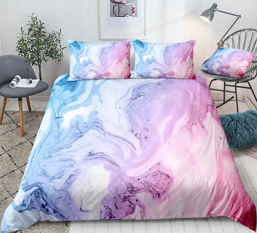 Marble Bedding Set Quicksand Duvet Cover Liquid Marble Bed Linens Kids Teens Home Textile Pastel Girls Bedclothe Pink Bed Cover