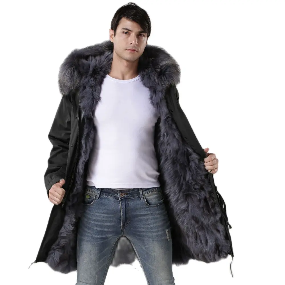 Fashion Thick Warm Parka Black Outshell With Grey Fox Fur Lining Long Fur Coat Winter Men Overcoat