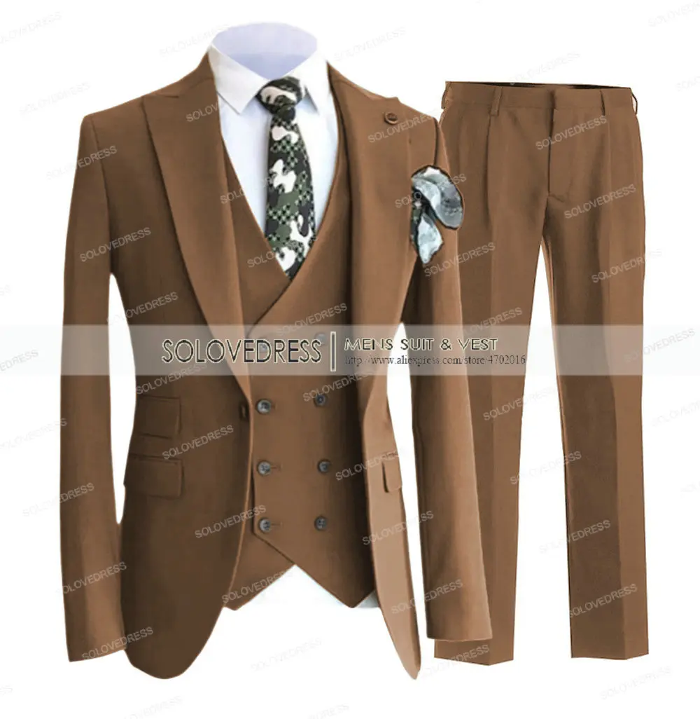 

3 Pieces Coffee Men's Suit Casual Blazer Prom Double breasted Tuxedos Shawl Lapel Dinner Party Green Jacket For Wedding Grooms