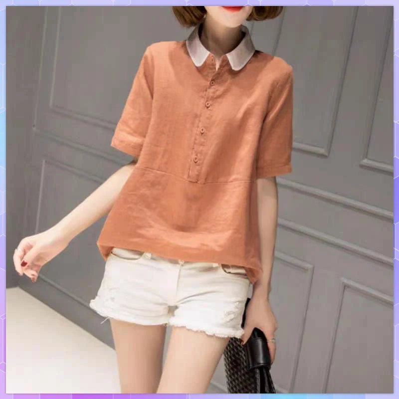 Casual Cotton And Linen Tee Shirts Short-sleeved Women's  Blusas Tops Summer Doll Collar T-shirt Large Size Solid Loose Tshirt