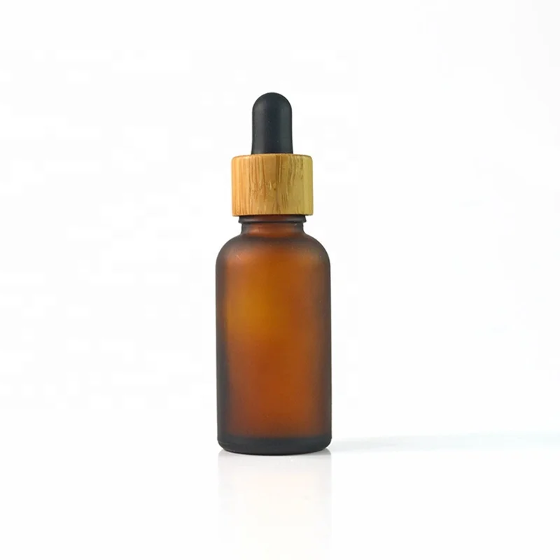 Carving 1oz Amber Frosted Glass Dropper Bottle With Bamboo Cap wood Grain Lid Cosmetic Pipette Essential Oil Packaging Container