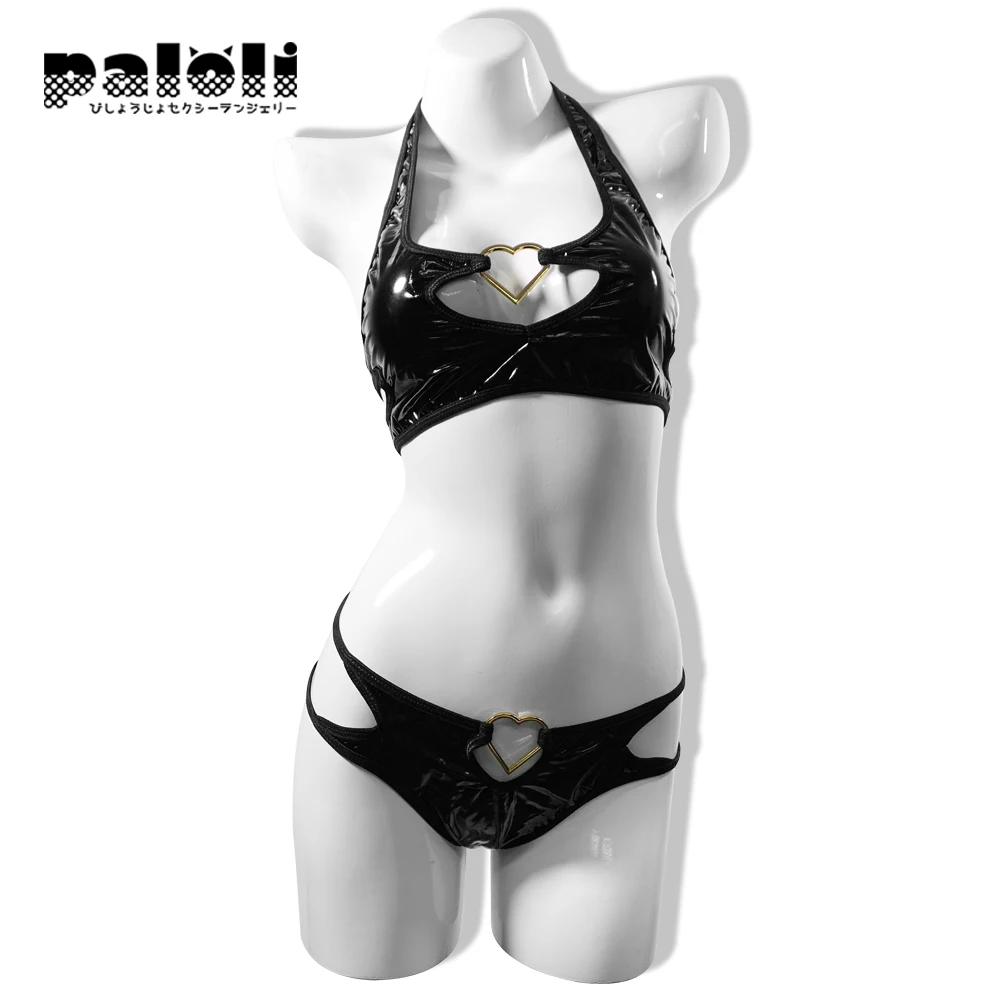 Women Cosplay Costume Anime Succubus Bikini Swimsuit Leather Lingerie Halter Neck Black Stainless Steel Heart Design Bat Outfit