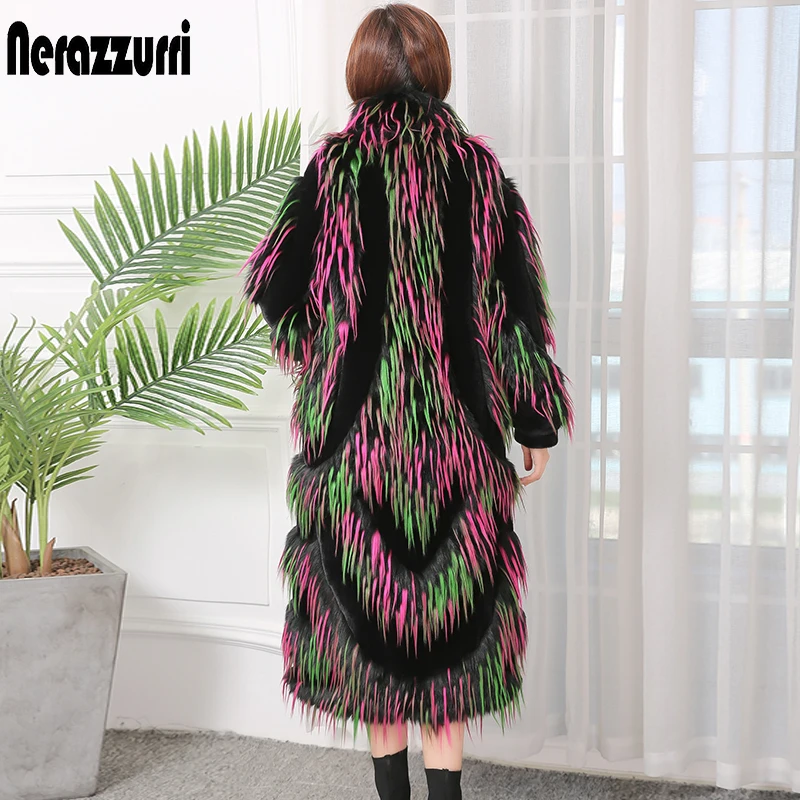 Nerazzurri Winter Long Fluffy Warm Faux Fur Coat Women with Long Raglan Sleeve Color Block Colorful Runway Korean Fashion 2022