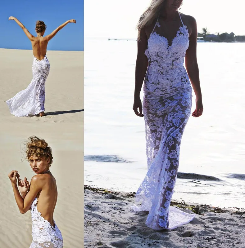 Robe de mariée en dentelle blanche, modèle Sexy, col licou, dos nu, sur mesure, pour la plage, tailles 2 4 6 8 10 12, 2020