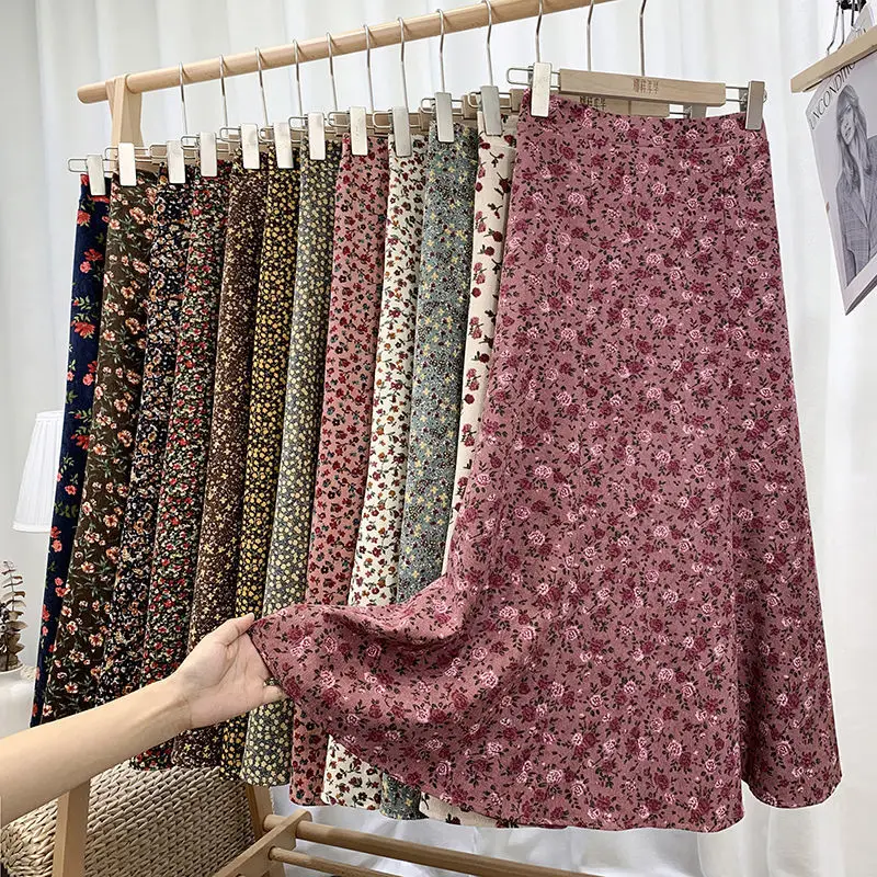 Women 2021 Autumn Winter Vintage Floral Print Pleated Midi Skirt Female High Waist Corduroy Skirts Elegant Ladies Bottom