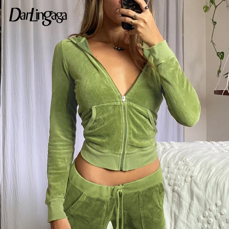 

Darlingaga Vintage Fashion Green Velour Autumn Tracksuit Women Zip Up Hoodie and Pants Suits Two Piece Set Workout Solid Outfits