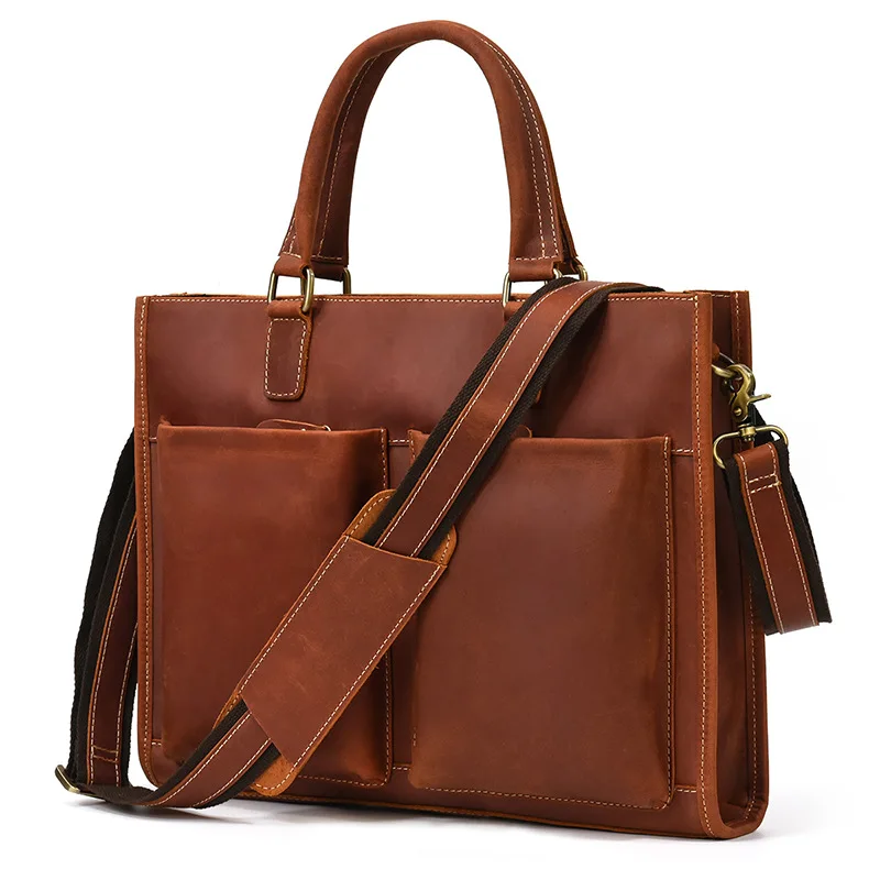 Newsbirds Mens Leather Handbag 15.6 Inch PC Notebook Laptop Briefcase Shoulder Bag 100% Cowhide Man Bag Male Business Bag