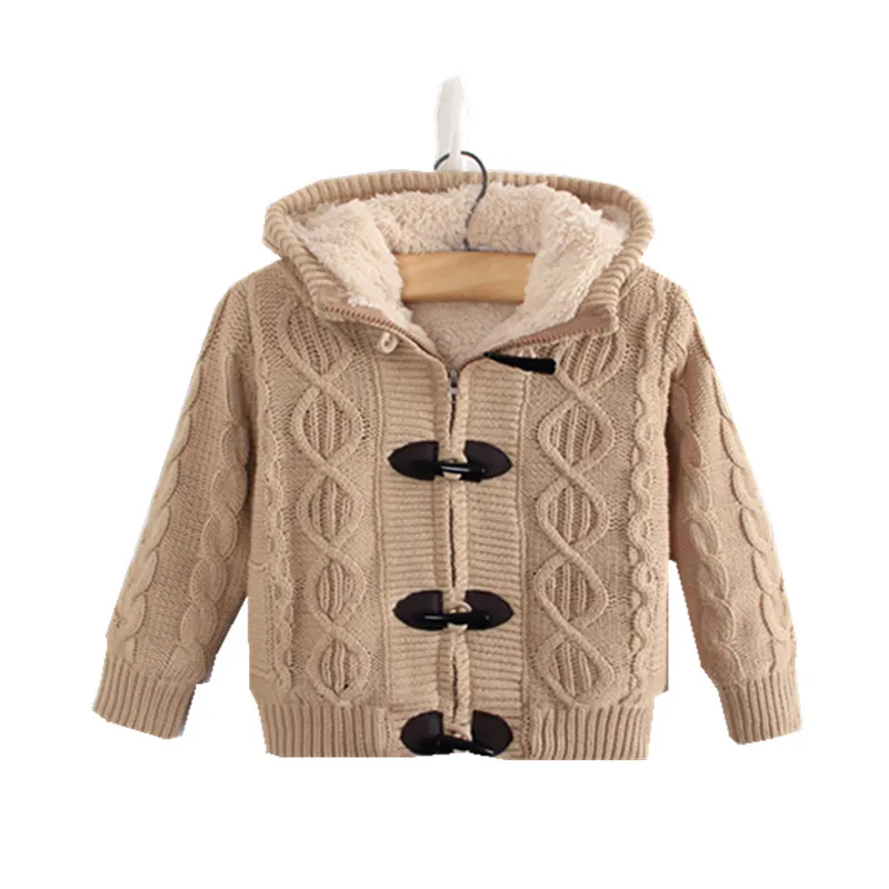 Children's Fall Winter Hooded Knitted Sweater Baby Boys Velvet Thickened Knitwear Coat Little Kids Casual Knitting Jacket P212