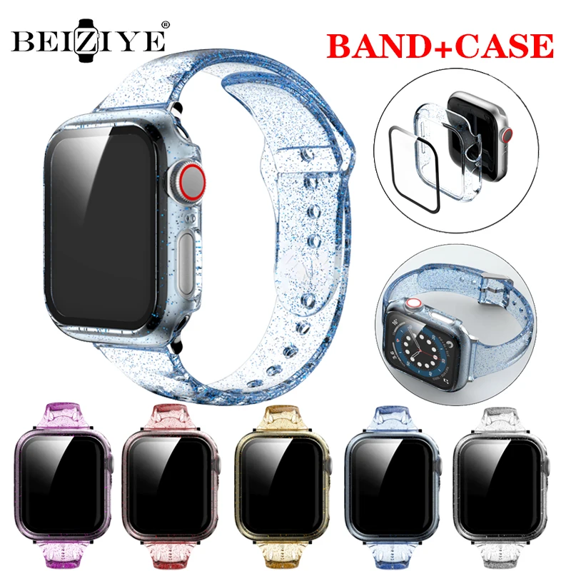 Glitter Strap+Protective Case For Apple Watch Band 42mm 38mm 40mm 44mm Silicone Strap Bracelet For iWatch Series 6 5 4 SE 3 2