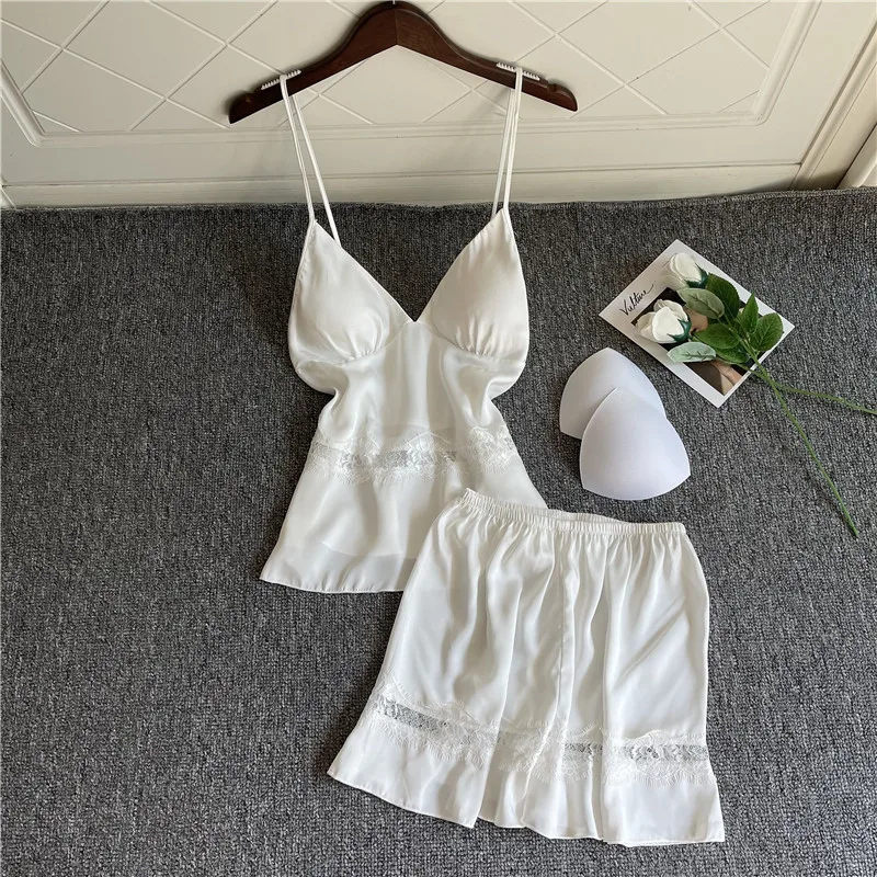 2PCS Sleepwear Sexy Satin Pajamas Set Women Sleeveless Lace Strap Top&Shorts Suit Summer Intimate Lingerie Loose Home Clothes